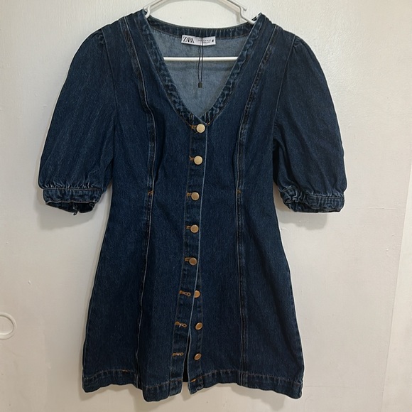 Zara Puffy Sleeve Denim Mini Dress Size Medium - Picture 1 of 4
